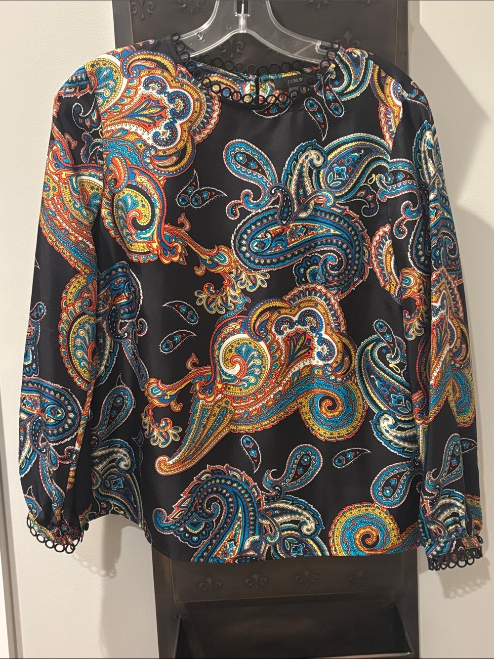 J. Crew Black Paisley Blouse with Teal, Gold & Orange